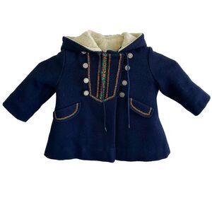 Vtg 1960s Rothschild Girls Navy Blue Wool Pea Coat Hooded Button Front Sz 2T?